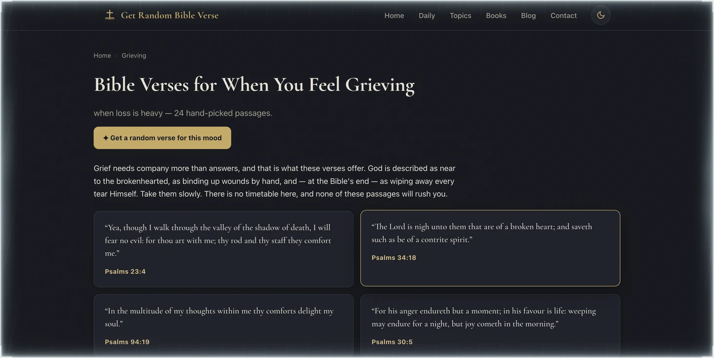 Screenshot of getrandombibleverse.com/moods/grieving/ — 'Bible Verses for When You Feel Grieving, 24 hand-picked passages' with verse cards for Psalms 23:4, 34:18, 94:19, and 30:5